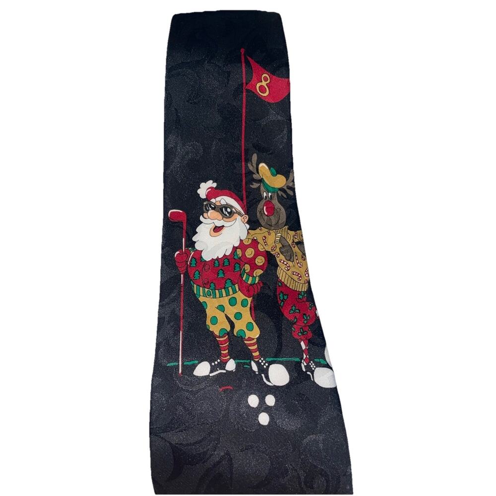Jingle Bells Men’s Christmas Neck Tie Golfing Santa And Reindeer